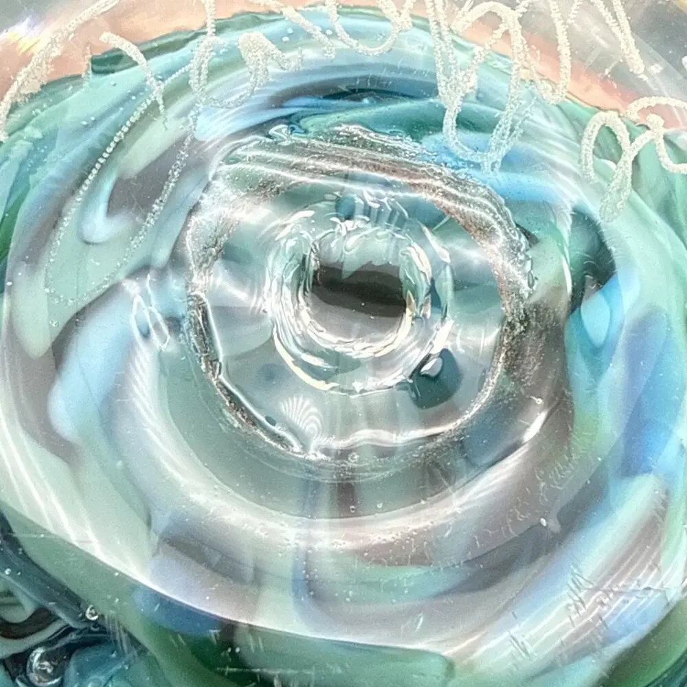 Signed Blue Green Swirl Art Glass Paperweight Control Bubbles Metallic Accents